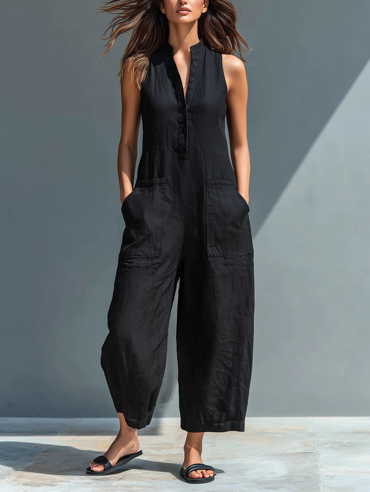 Dames Jumpsuit Mouwloos met Staande Kraag en Wijde Pijp Zwart