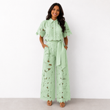Dames Kanten Bloemen Crop Top en Wijde Broek Set met Strikceintuur