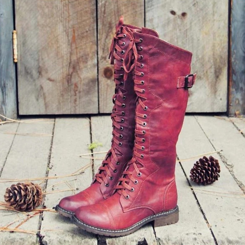 Dames Kniehoge Veterlaarzen met Zijrits en Gesp Rood