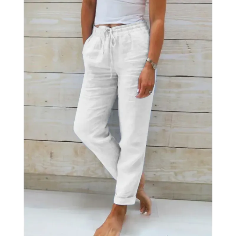 Dames Lange Broek met Elastische Taille en Trekkoord Wit