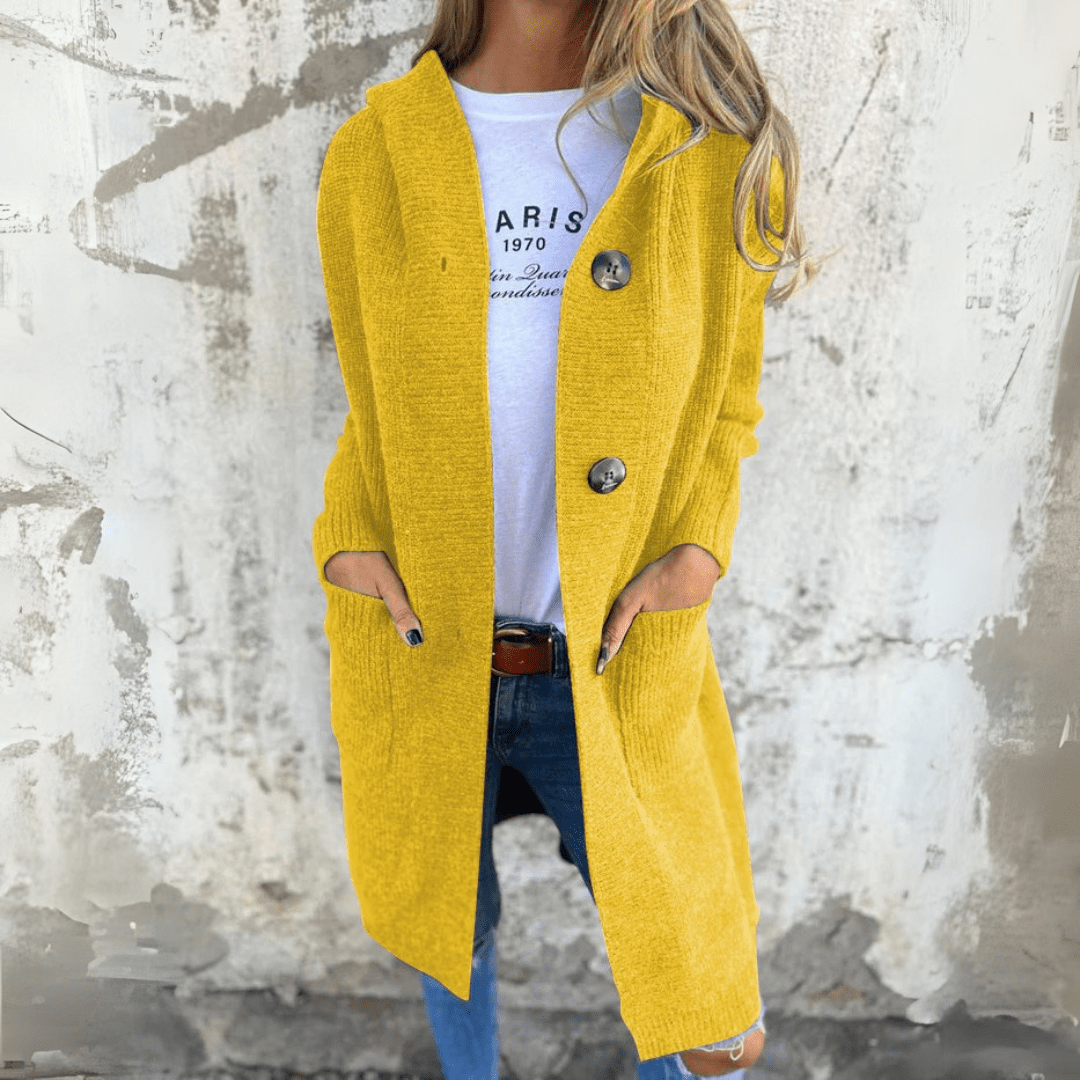 Dames Lange Cardigan met Capuchon en Grote Knopen Geel