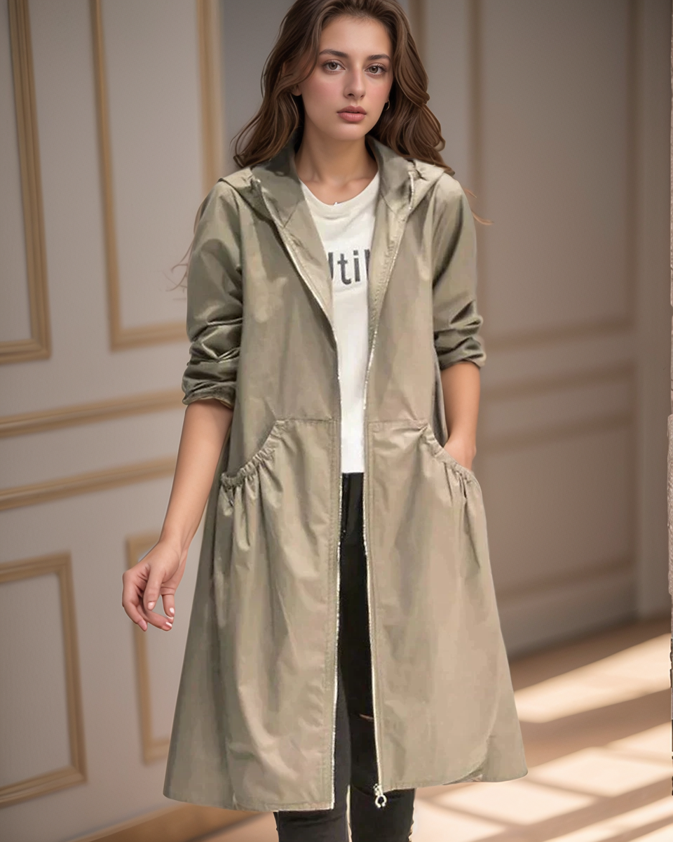 Dames Longline Trench Coat met Capuchon en A-lijn Silhouet