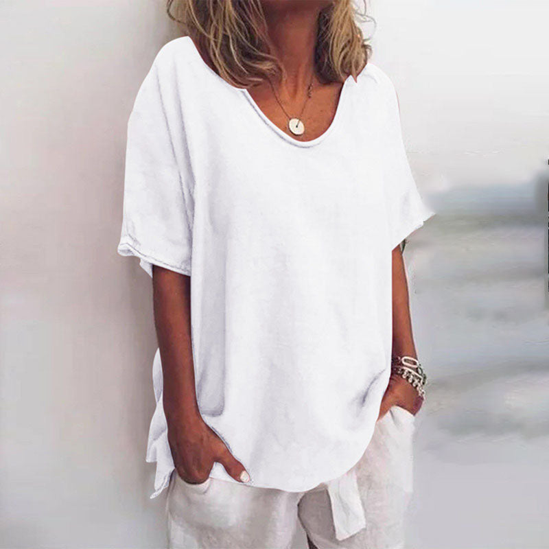 Dames Losse Blouse met V-hals en Korte Mouwen Oversized Wit