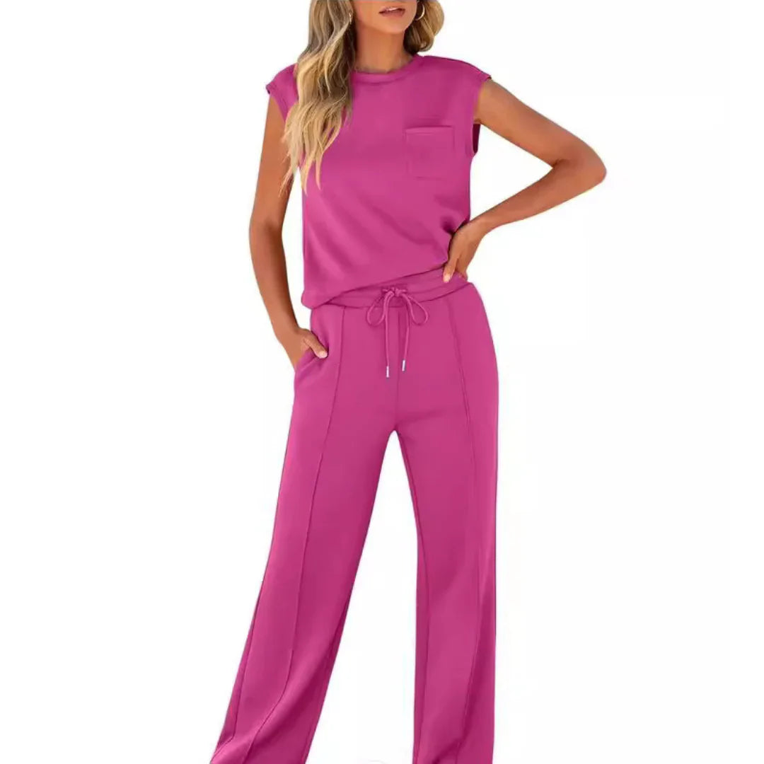 Dames Loungewear Set Mouwloos Top met Ronde Hals en Wijde Broek