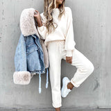 Dames Loungewear Set Tweedelig met Colkraag en High Waist Broek