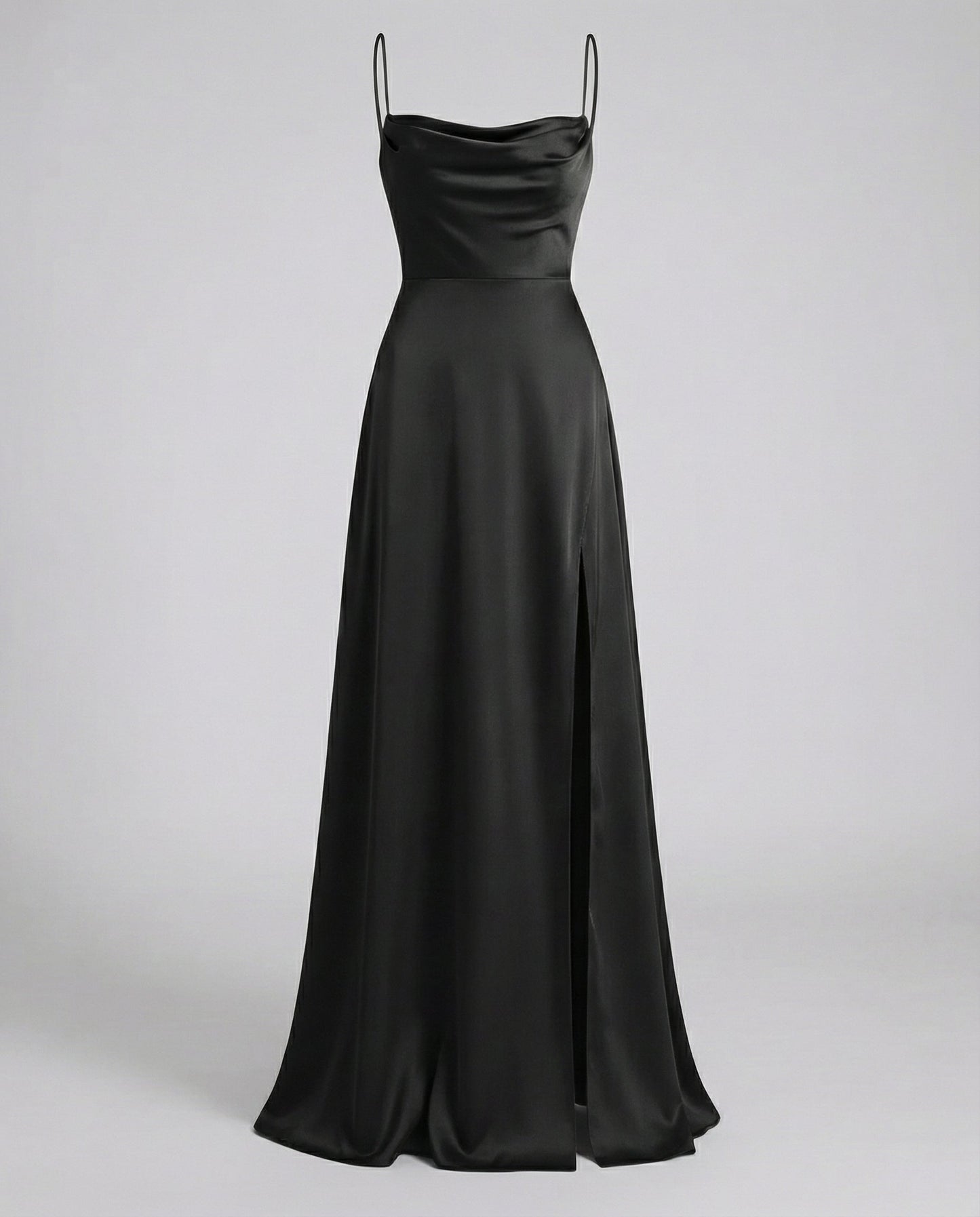 Dames Maxi Avondjurk met Waterval-hals, Spaghettibandjes en Beenslip Zwart