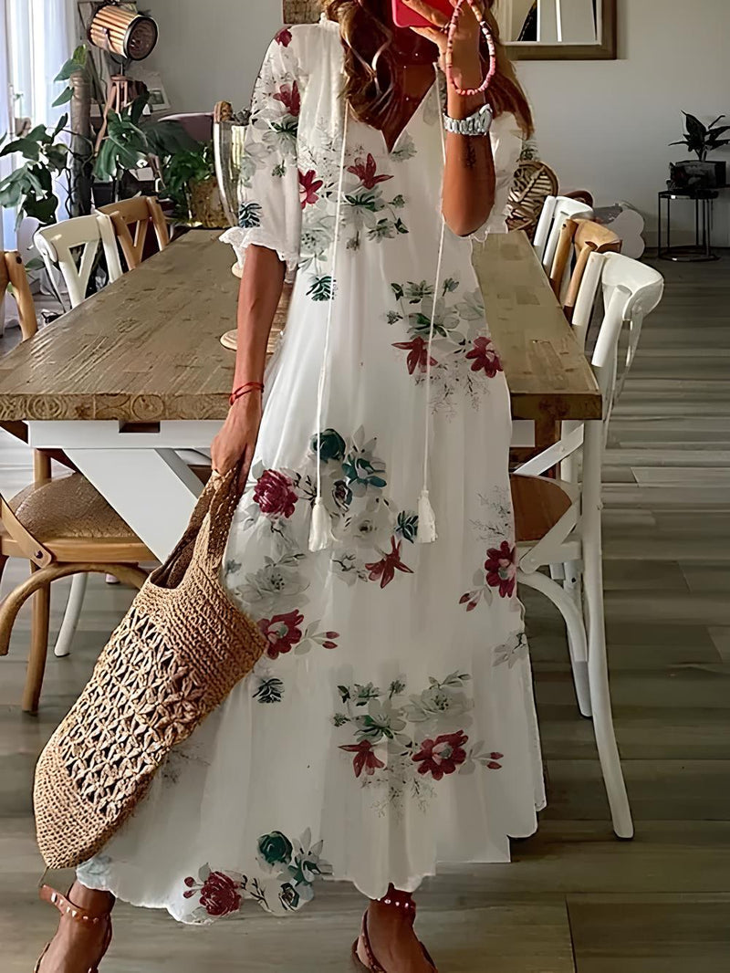 Dames Maxi Jurk met Bloemenprint, V-hals en Kwastjes Pastel Nevel