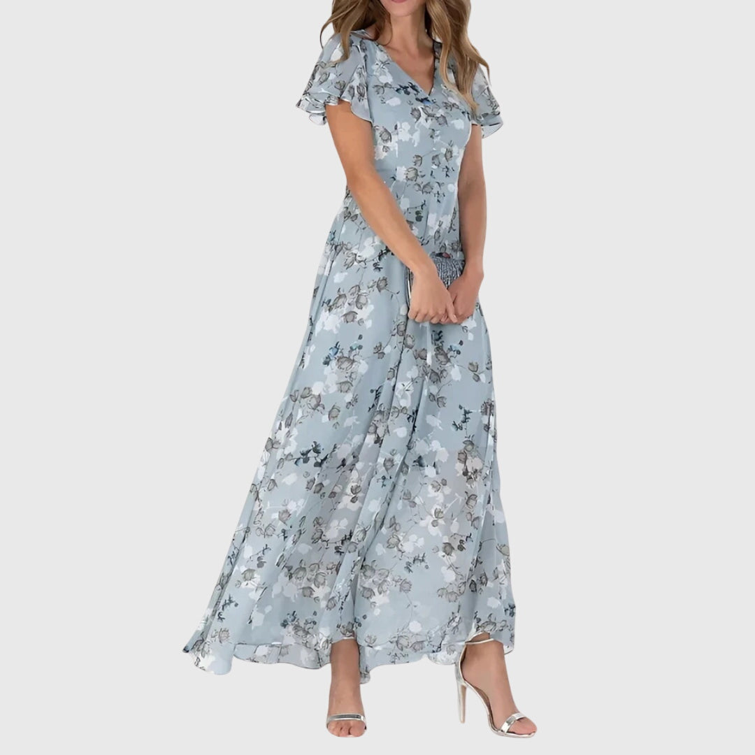 Dames Maxi Jurk met Bloemenprint, V-hals en Ruffle Mouwen Blauw