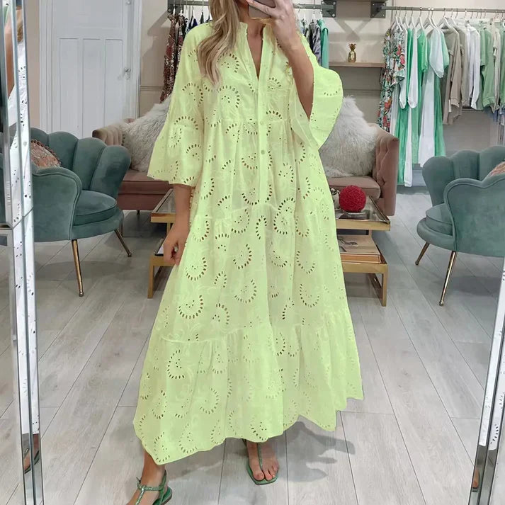 Dames Maxi Jurk met Broderie en V-hals en Driekwart Mouw