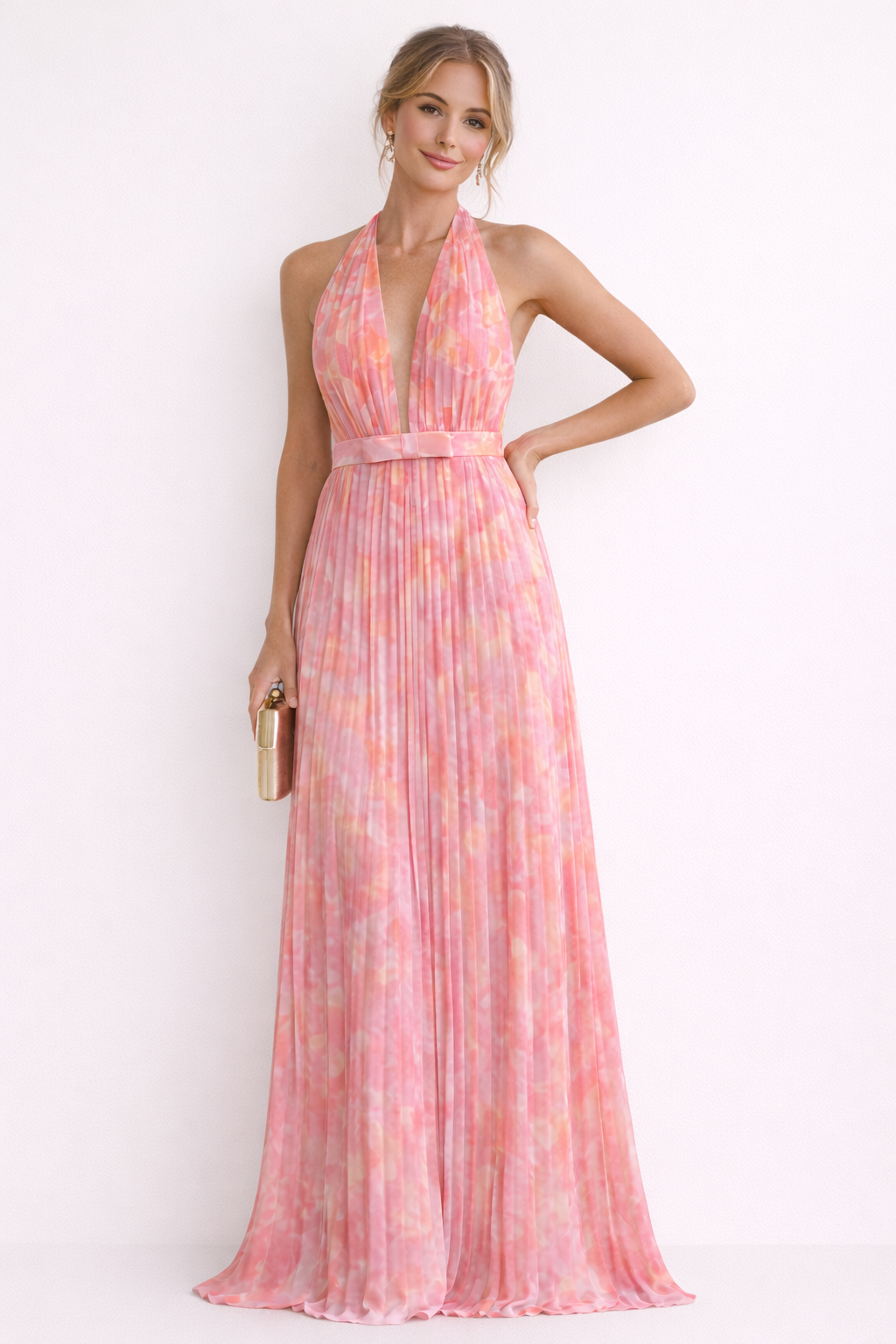 Dames Maxi-jurk met Halterhals, Diepe V-hals en Open Rug Roze