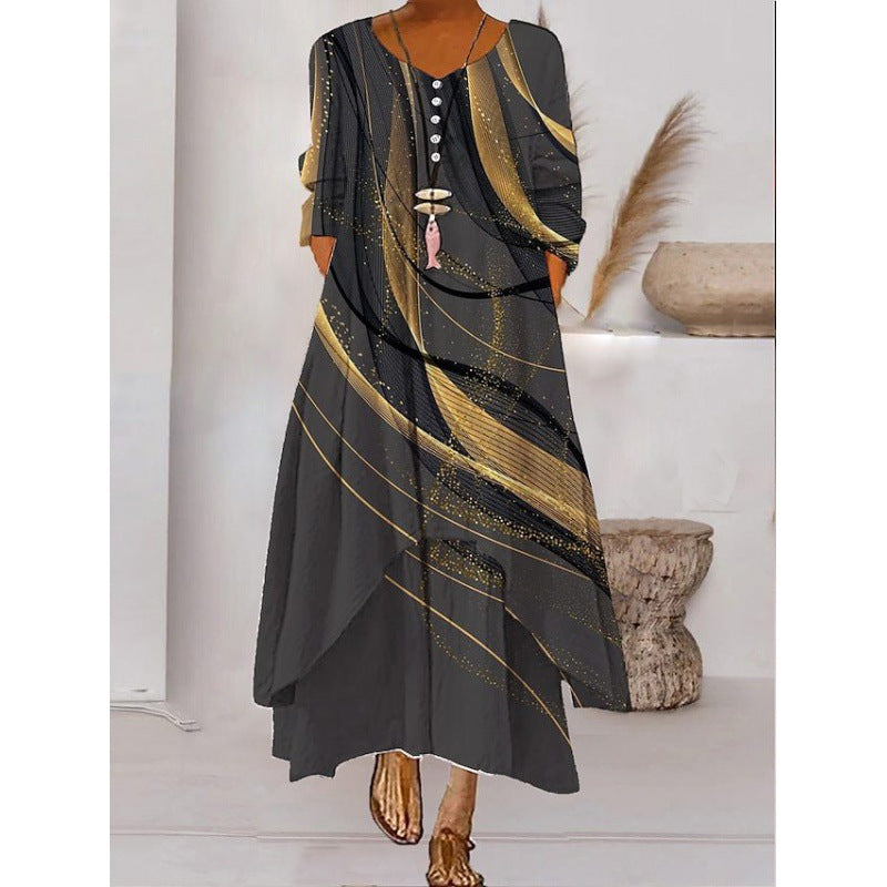 Dames Maxi Jurk met Lange Mouwen, V-hals en Abstracte Print Stijl 8