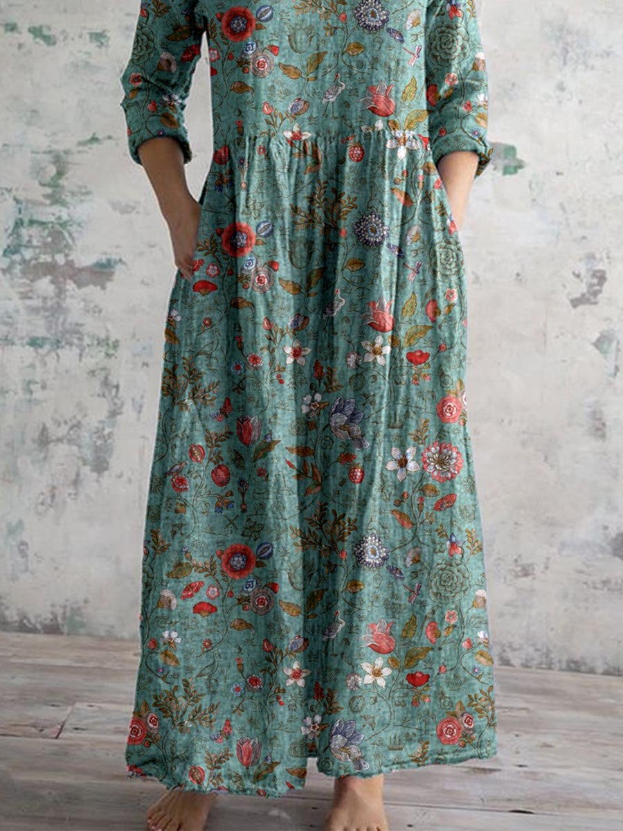 Dames Maxi Jurk met V-hals en Bloemenprint Driekwart Mouw