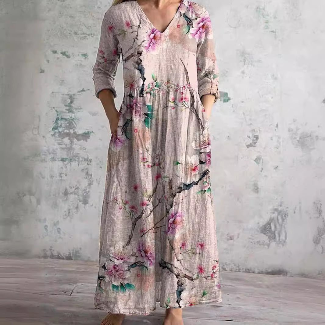 Dames Maxi Jurk met V-hals en Driekwart Mouw Bloemenprint Roze