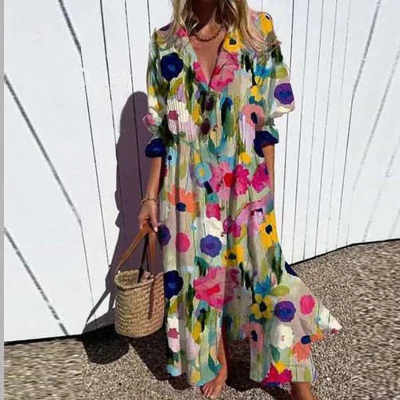 Dames Maxi Jurk met V-hals, Lange Mouwen en Bloemenprint Roze Blauw