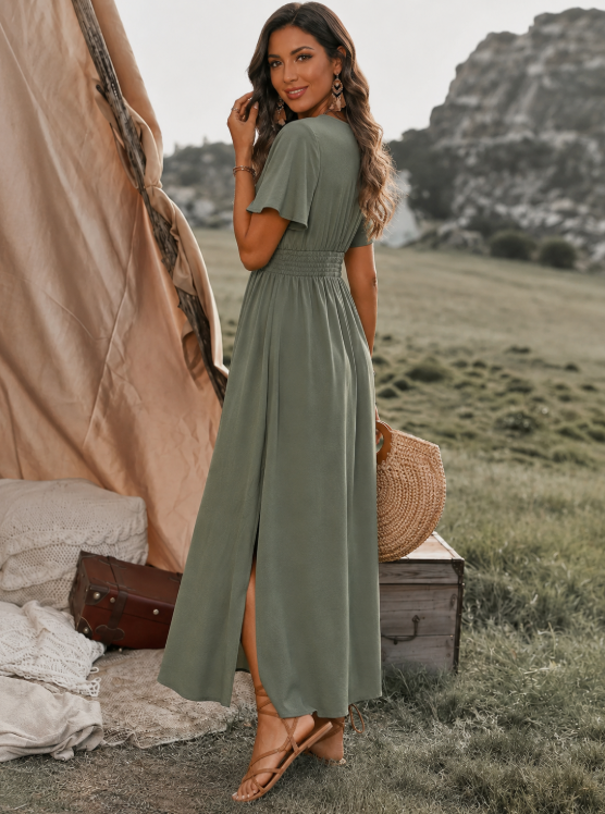 Dames Maxi Jurk met V-hals, Overslag en Elastische Taille met Zijsplit
