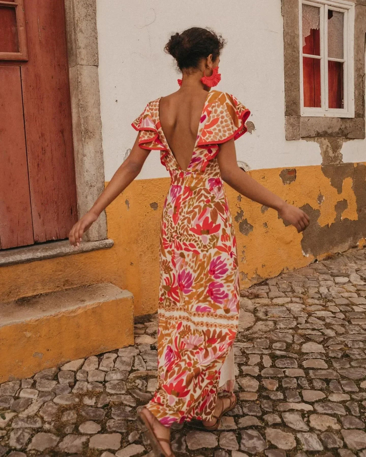 Dames Maxi Jurk met V-hals, Ruches en Bloemenprint en Voorste Split