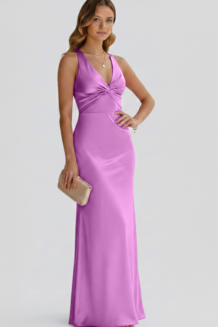 Dames Maxi Jurk Mouwloos met Diepe V-hals, Geknoopt Detail en Open Rug Paars