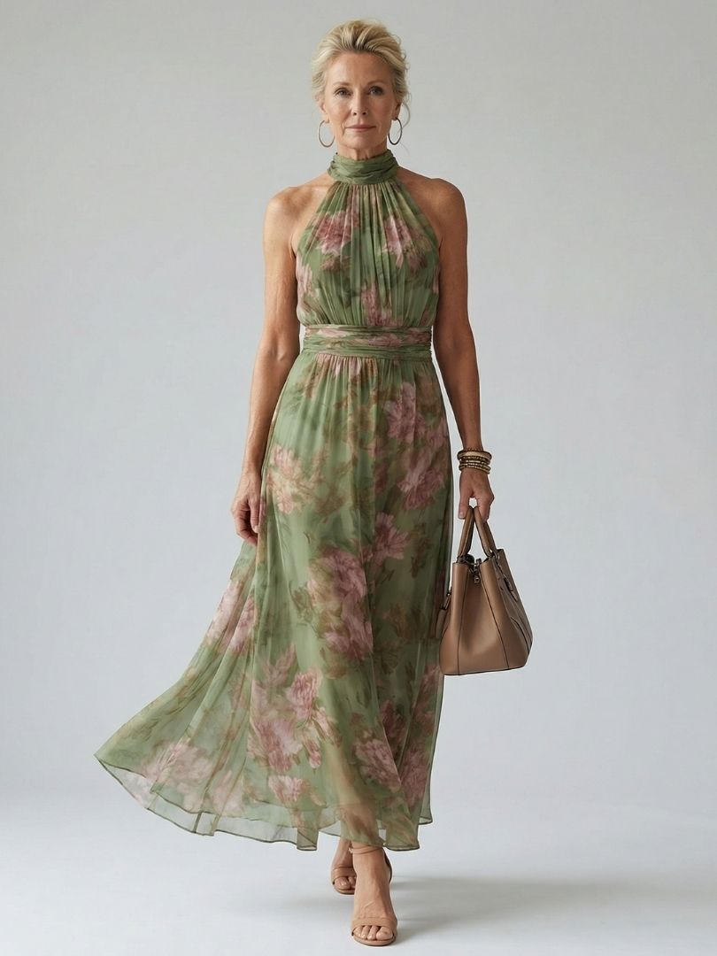 Dames Maxi Jurk Mouwloos met Halternek en Bloemenprint Groen