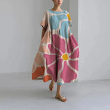 Dames Maxi Jurk Oversized met Bloemenprint en Ronde Hals Korte Mouw