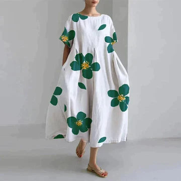 Dames Maxi Jurk Oversized met Bloemenprint en Ronde Hals Korte Mouw Groen Wit Bloemen