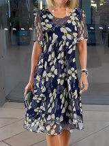 Dames Midi Jurk Korte Mouw met Bloemenprint en Ronde Hals