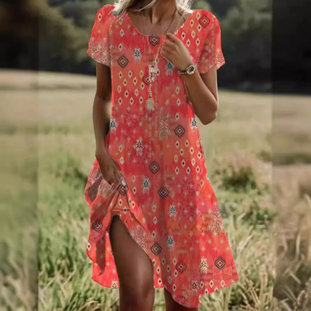 Dames Midi Jurk Korte Mouw met Ronde Hals en Asymmetrische Zoom Oranje