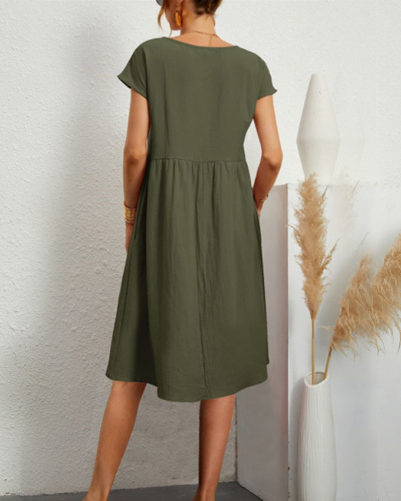 Dames Midi Jurk Korte Mouw met Ronde Hals en Gesmockte Taille