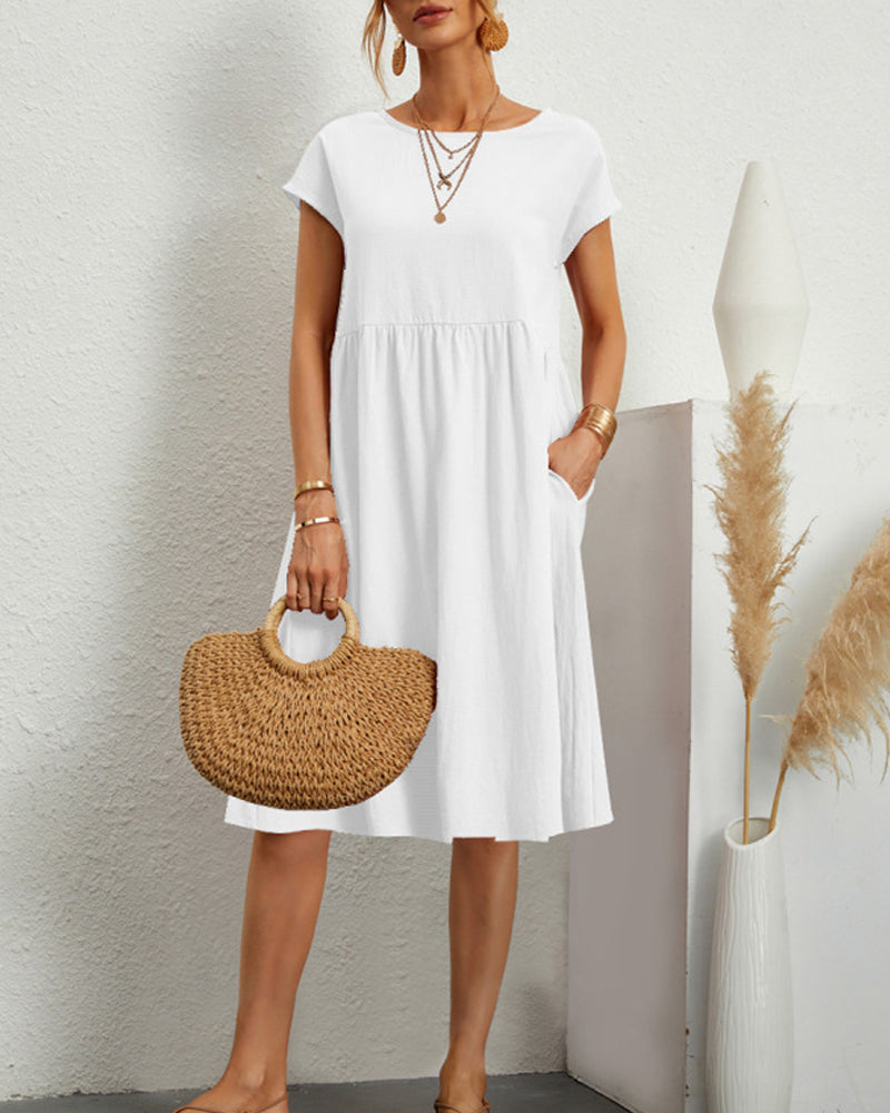 Dames Midi Jurk Korte Mouw met Ronde Hals en Gesmockte Taille Wit