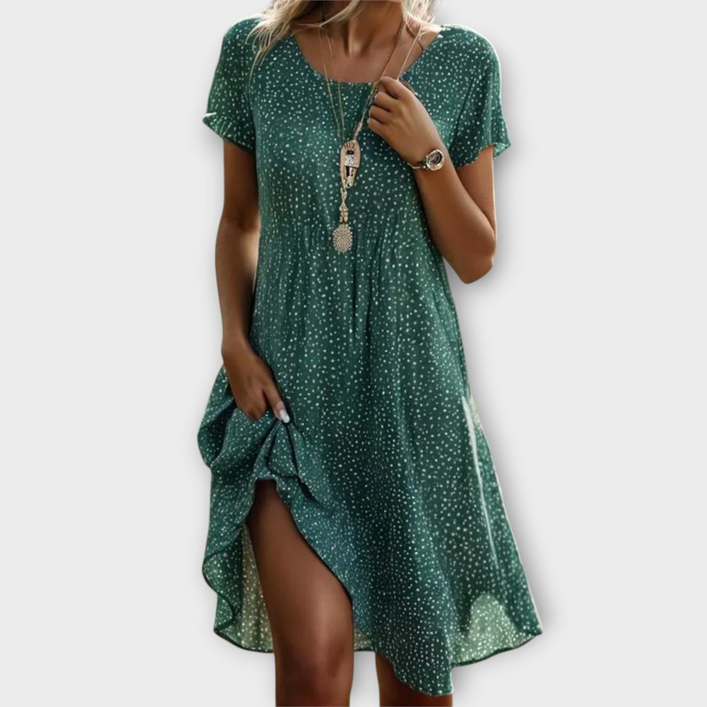Dames Midi Jurk Korte Mouw met Stippenprint en A-lijn Silhouet