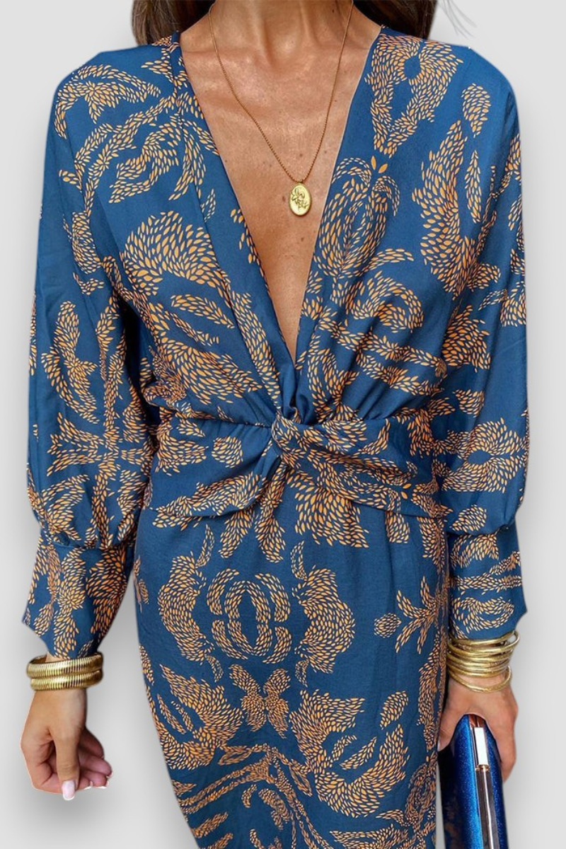 Dames Midi Jurk met Diepe V-hals, Twist Detail en Bloemenprint