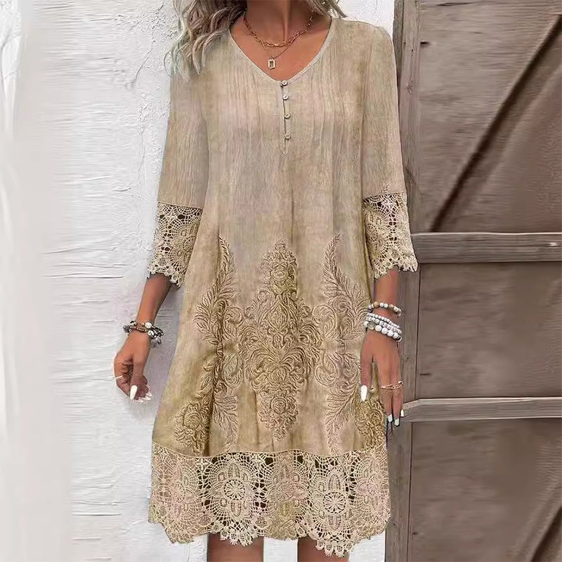 Dames Midi Jurk met Driekwart Mouw, V-hals en Kant Boho Print