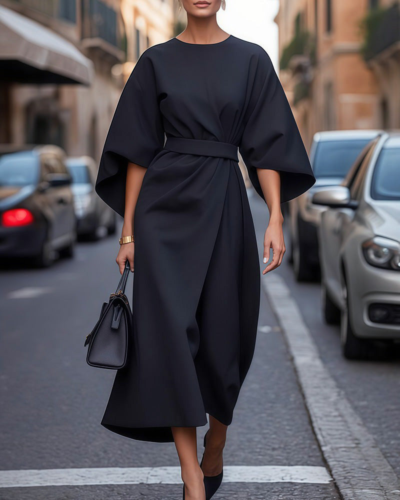 Dames Midi Jurk met Kimono Mouwen en Tailleband Marineblauw