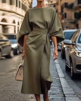 Dames Midi Jurk met Kimono Mouwen en Tailleband