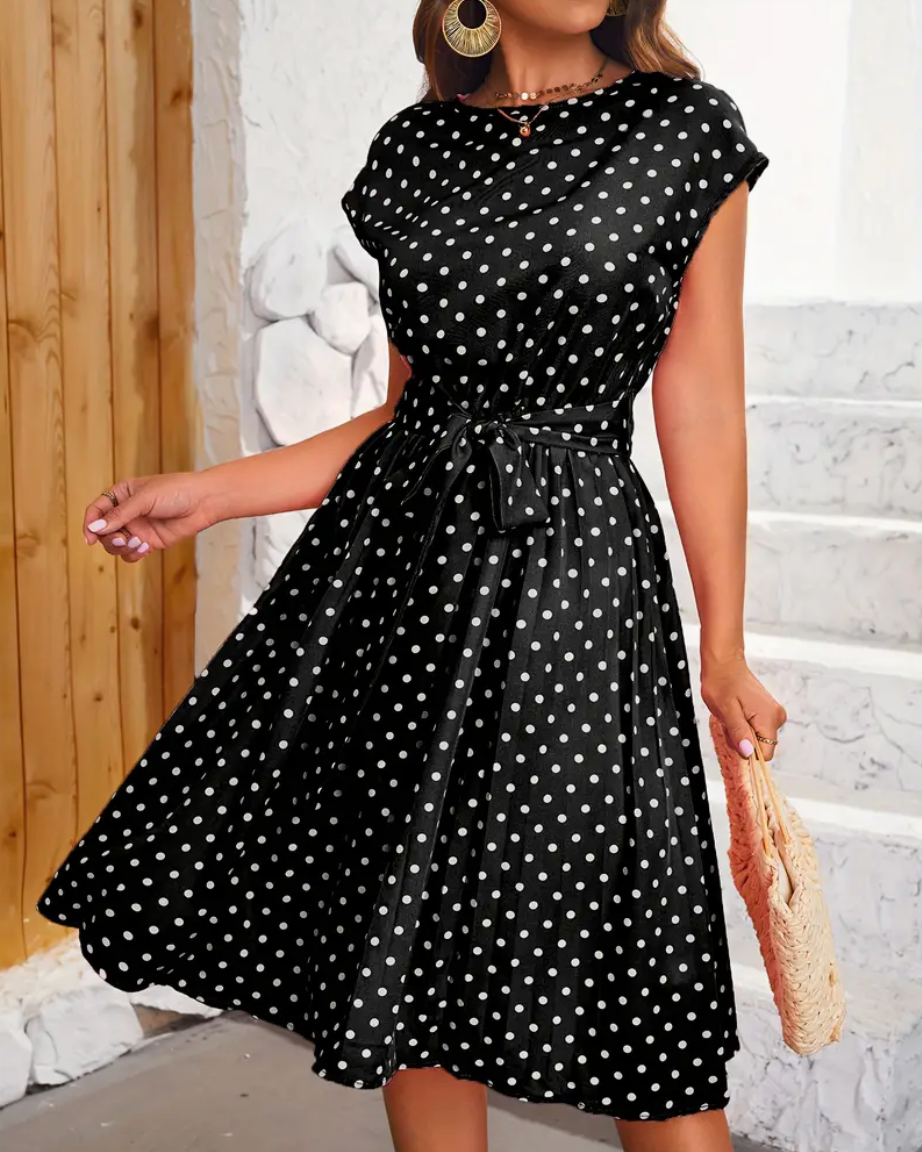 Dames Midi Jurk met Stippenprint, Ronde Hals en Strikceintuur Zwart
