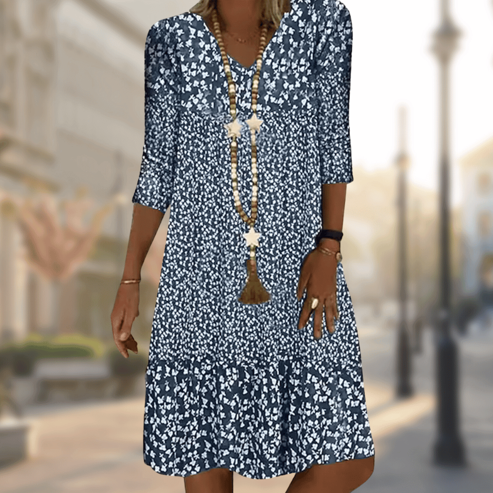 Dames Midi Jurk met V-hals en Bloemenprint Driekwart Mouw Blauw