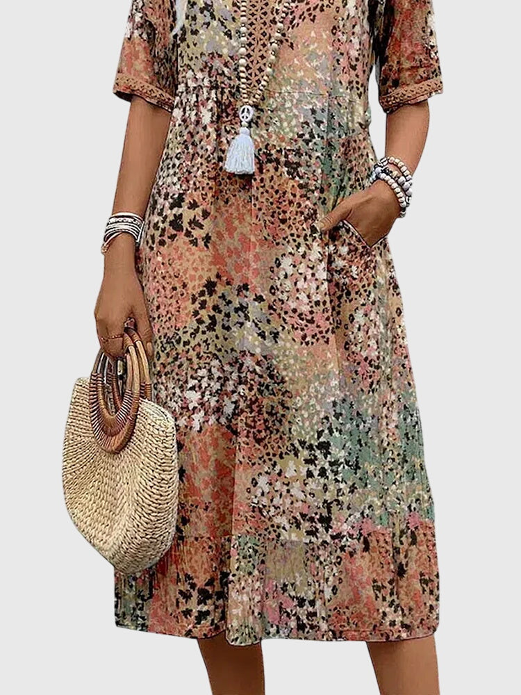 Dames Midi Jurk met V-hals en Bloemenprint Korte Mouw