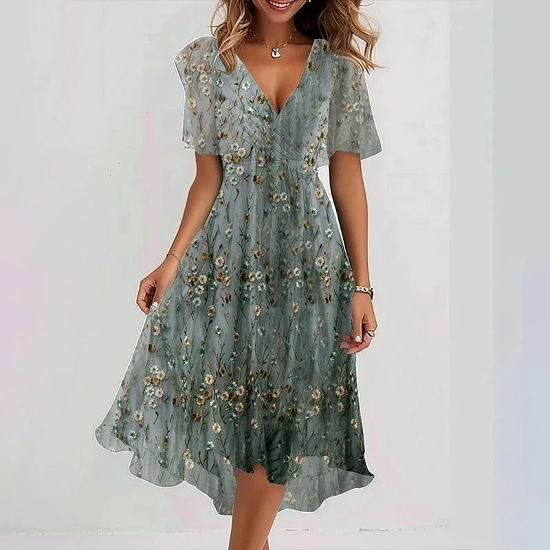 Dames Midi Jurk met V-hals, Vlindermouwen en Bloemenprint Blauw degradé