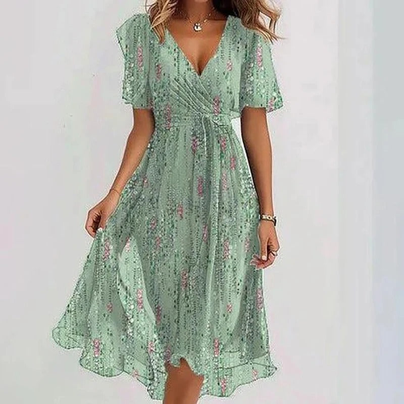 Dames Midi Jurk met V-hals, Vlindermouwen en Bloemenprint Lichtgroen