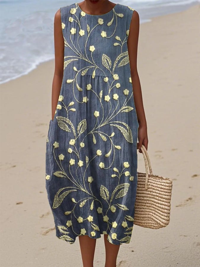 Dames Midi Jurk Mouwloos met Bloemenprint en Ronde Hals