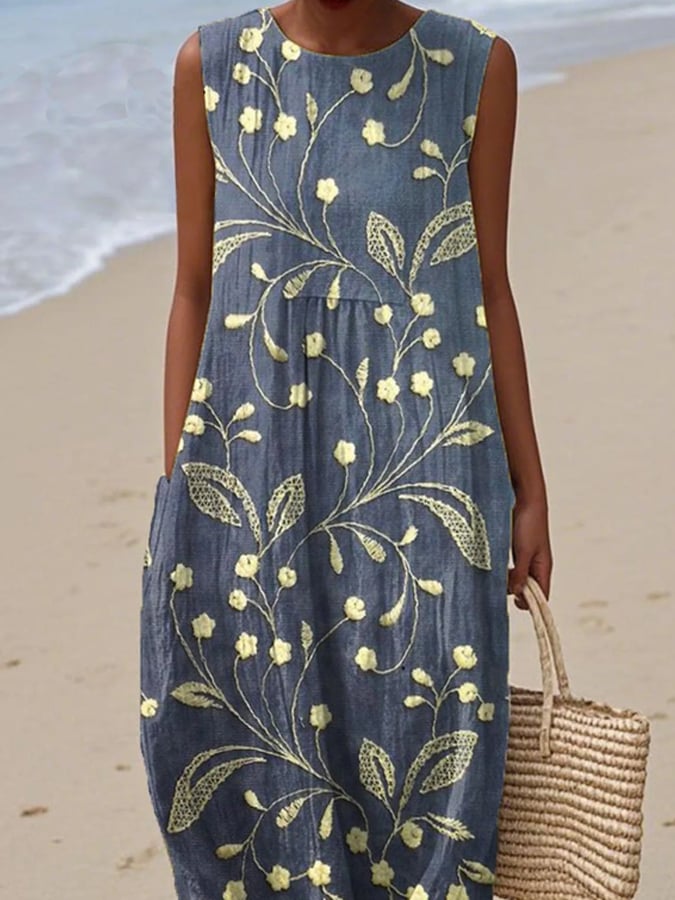 Dames Midi Jurk Mouwloos met Bloemenprint en Ronde Hals