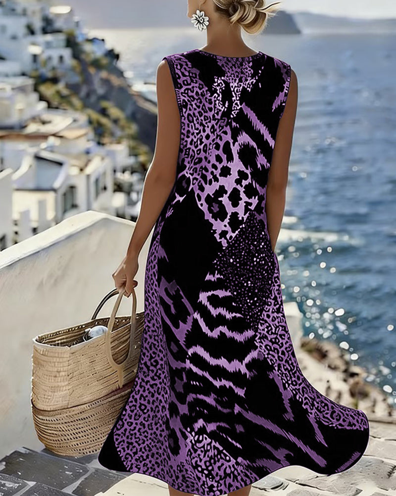 Dames Midi Jurk Mouwloos met Ronde Hals en Dierenprint Patchwork