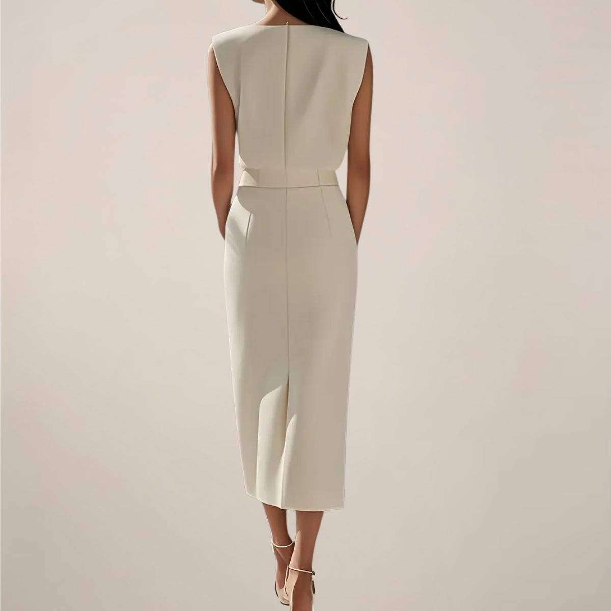 Dames Midi Jurk Mouwloos met Ronde Hals, Gouden Knopen en Split