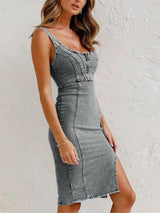 Dames Midi Jurk Mouwloos met Slim Fit, Verstelbare Bandjes en Zijsplit
