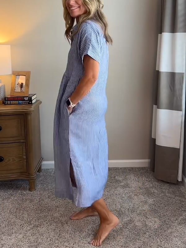 Dames Midi Shirt Dress met Korte Mouw, Knoopsluiting en Streeppatroon