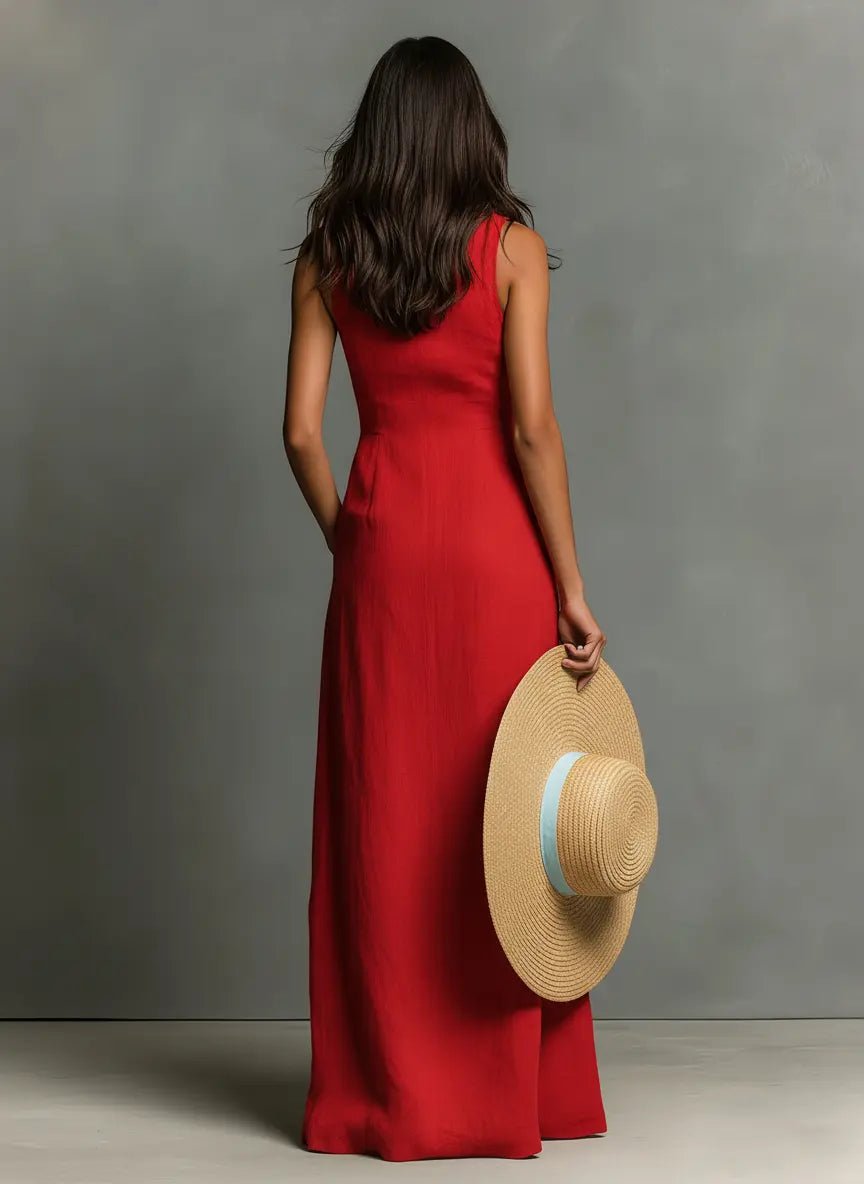 Dames Mouwloze Maxi Jurk met Kraag en Knoopsluiting