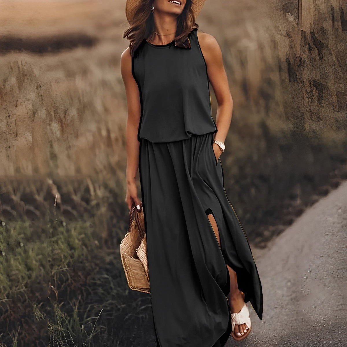 Dames Mouwloze Maxi Jurk met Ronde Hals en Split Zwart