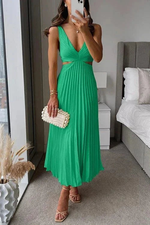 Dames Mouwloze Midi Jurk met V-hals, Cut-outs en Geplooide Rok Groen