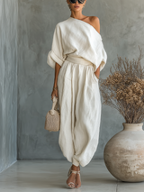 Dames Off-Shoulder Top en Broek Set met Wijde Pijpen en Elastische Taille