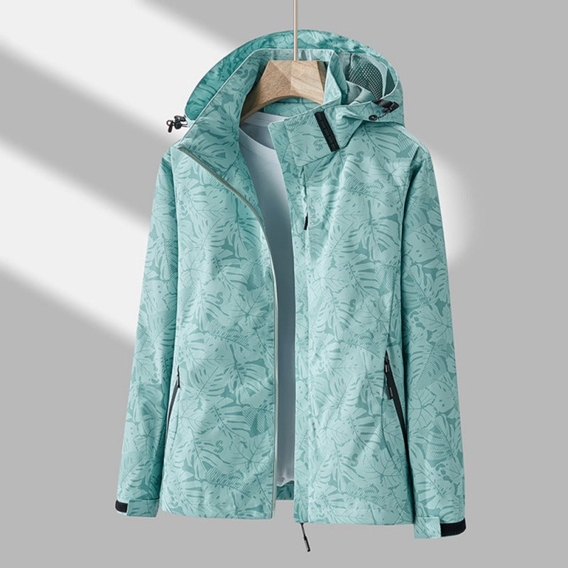 Dames Outdoor Jacket met Capuchon en Bladprint Ritssluiting Turquoise