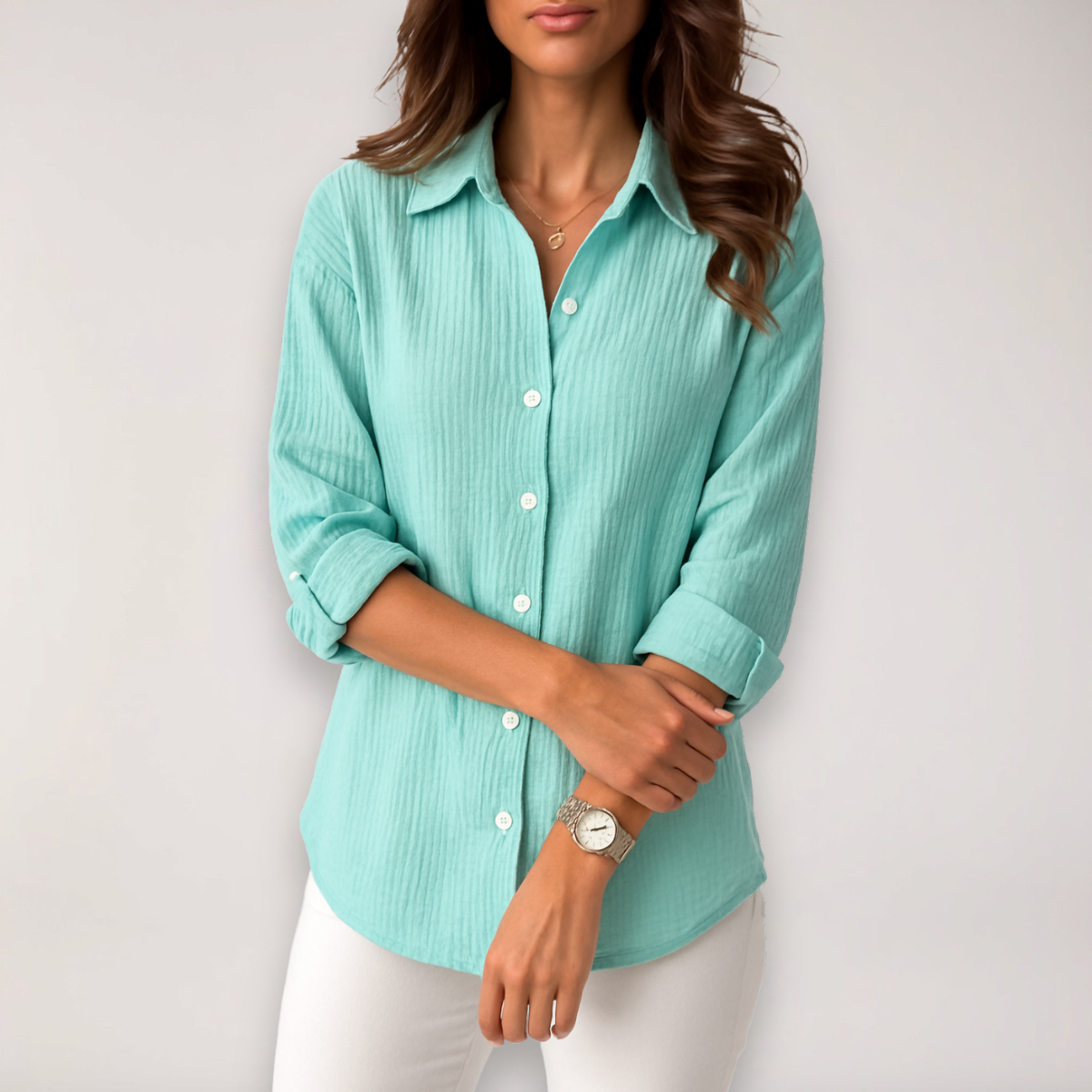Dames Overhemd Lange Mouw met Button-front en Oprolbare Mouwen Aqua